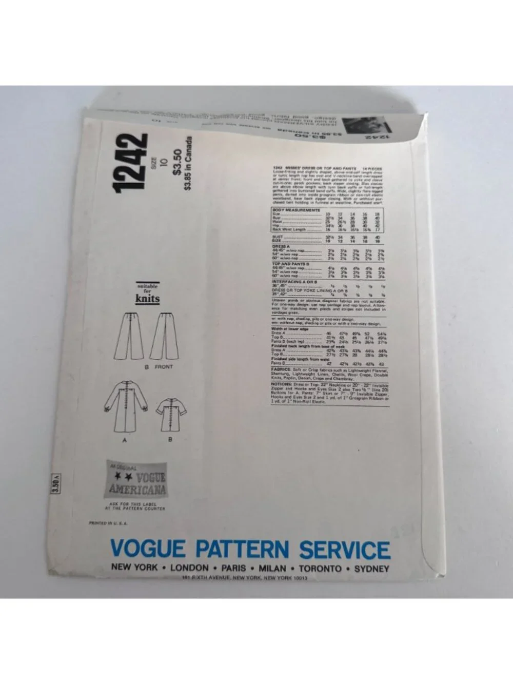 Vogue Sewing Pattern 1242 American Designer Jerry Silverman Dress Pants 10 Uncut